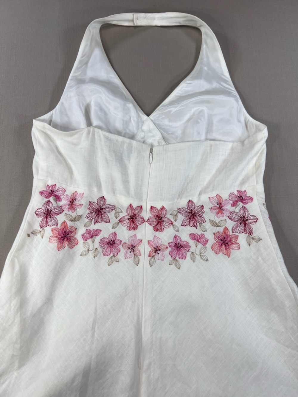 Ann Taylor Women’s Linen Halter Dress Pink Floral Embroidery Empire Waist Midi - Picture 5 of 16